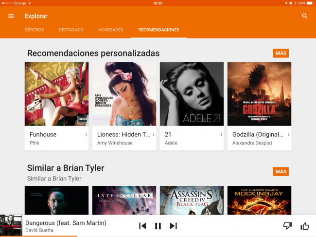 Google Music en iOS con 'material design'.