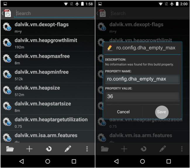 Interfaz de la app Build Prop Editor en Samsung Galaxy Note 4