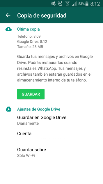 WhatsApp Google Drive menú