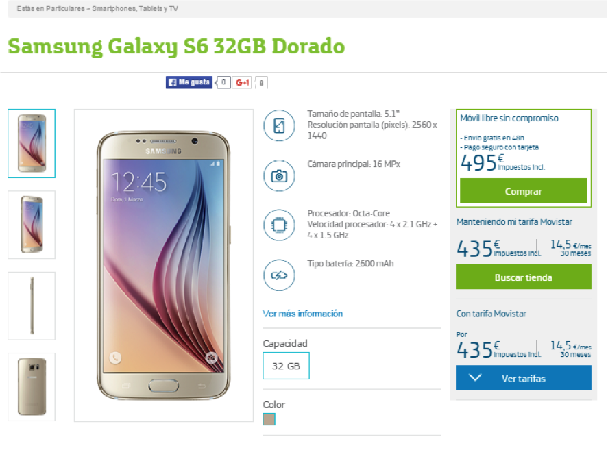 Samsung galaxy s6 dorado web movistar