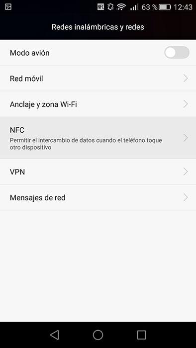 Opciones NFC en el móvil Huawei