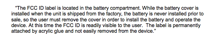 Texto de la FCC en el que explica el dato de la batería extraíble del Samsung Galaxy A9 Pro