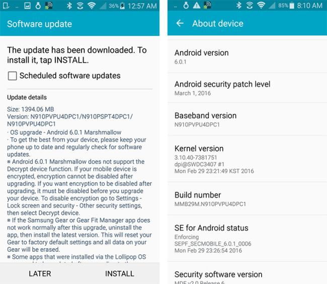Actualización OTA con Android 6.0.1 en el Samsung Galaxy Note 4