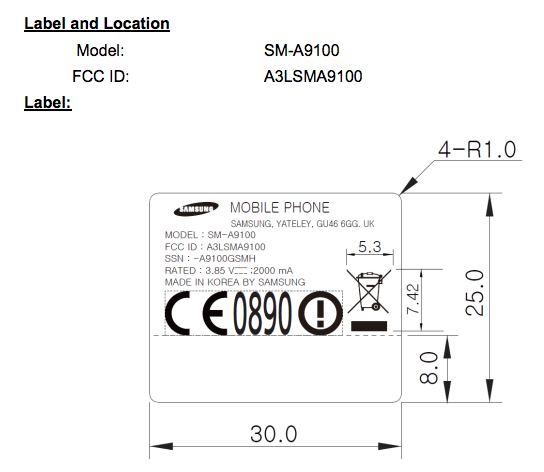 etiqueta de la batería del Samsung Galaxy A9 pro en la FCC