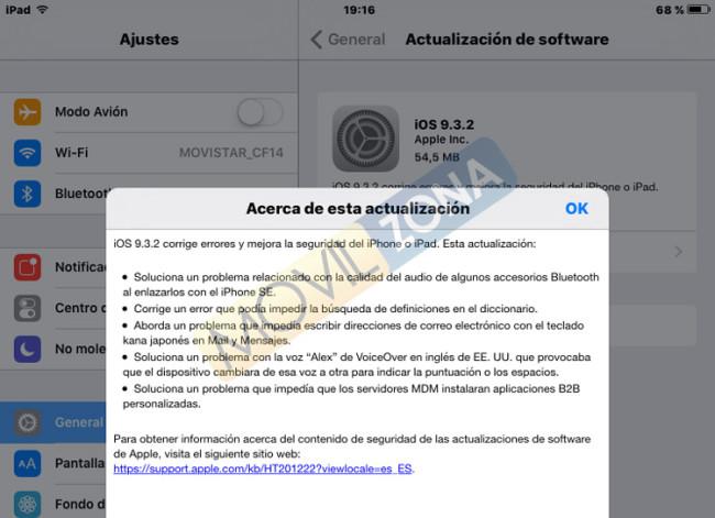 Lista de cambios introducidos por la OTA de iOS 9.3.2
