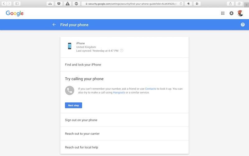 iPhone registrado en Google Mi Cuenta