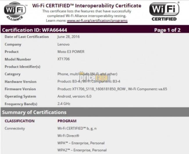 Moto E3 en la certificacion Wifi