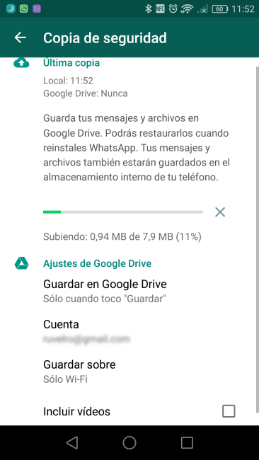 Subiendo copia de seguridad de WhatsApp a la nube