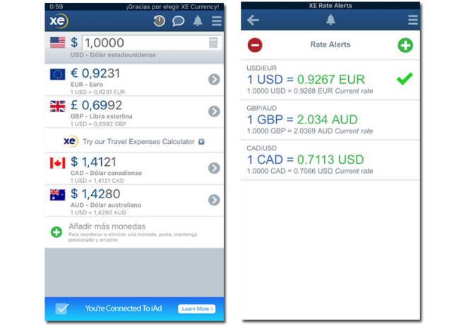 pantallas de la app xe currency