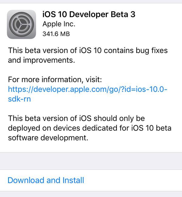 Tercera versión de pruebas de iOS 10