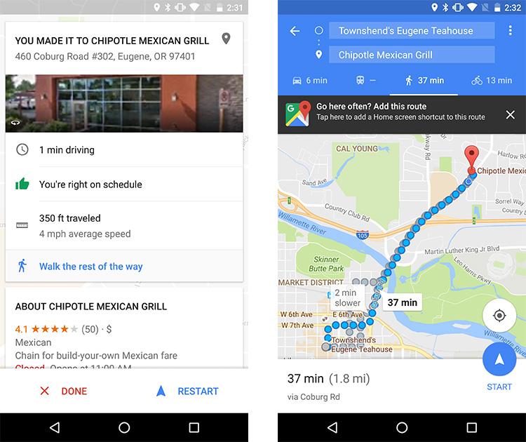 Trayectos a pie y en coche en Google Maps