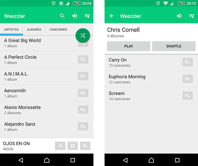 Interfaz de la app Weezzler para Android