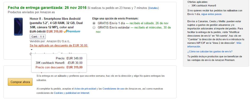precio del Huawei Honor 8 en Amazon con descuentos
