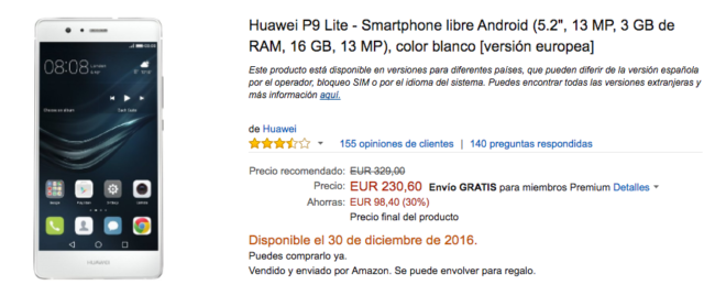 Huawei P9 Lite en oferta en amazon
