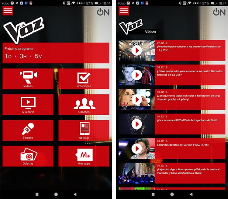 Interfaz de la app oficial de La Voz