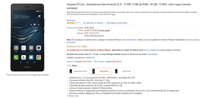 Precio del Huawei P9 Lite en Amazon