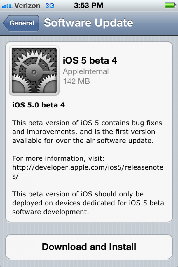 Apple iOS 5 Beta 4 Actualización OTA