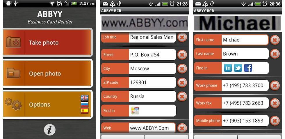 ABBYY: lector de tarjetas de negocios para Android