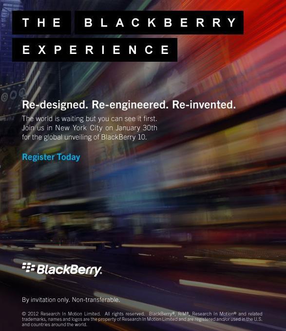 Invitación de RIM para el evento de presentación de BlackBerry 10