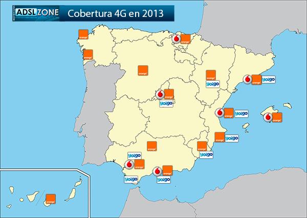 Mapa de cobertura 4G en España para 2013.