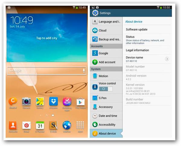 Interfaz de TouchWiz en el Samsung Galaxy Note 8.0