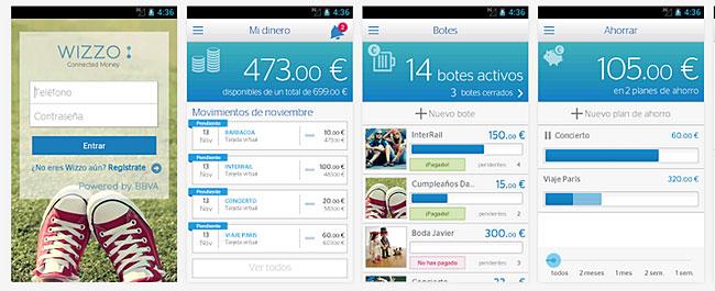 Wizzo BBVA sistema de pagos, pantalla de la aplicación en Android