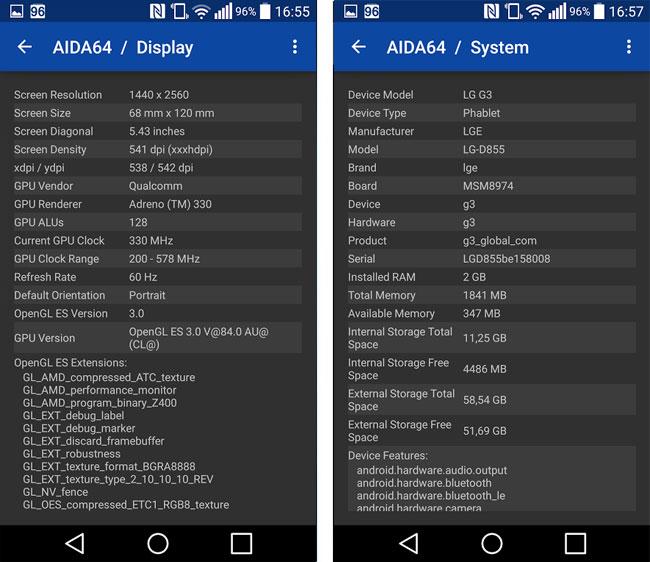 Datos tecnicos extraidos con AIDA64 para Android