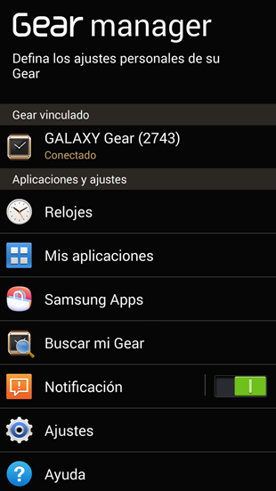 Interfaz aplicación Galaxy Gear en Note 3