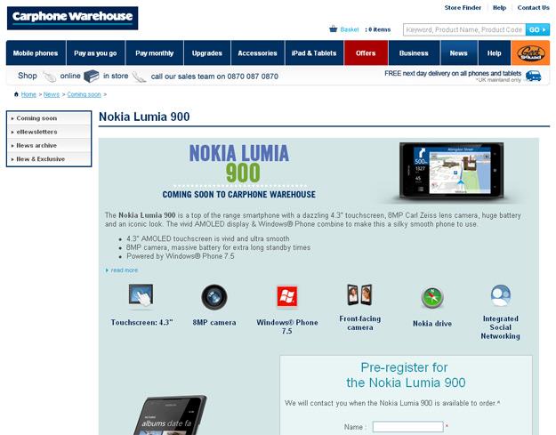 Captura de la web de The Carphone Warehouse con Nokia Lumia 900