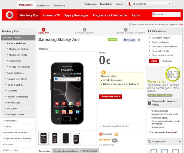 Página web del operador Vodafone con los precios del galaxy ace