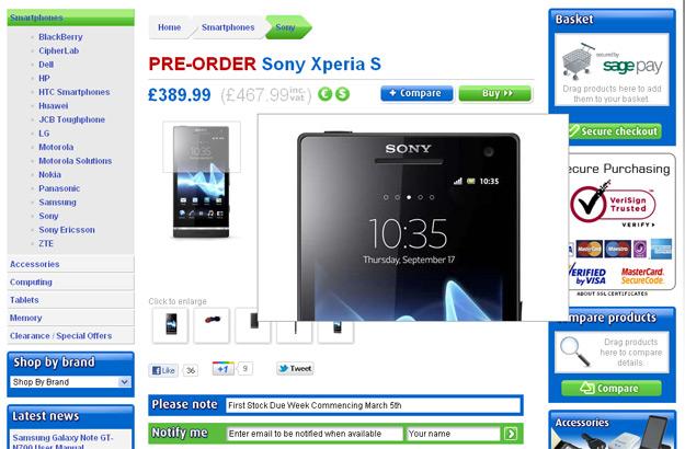 Detalle del Sony Xperia S en página web Clove Technology