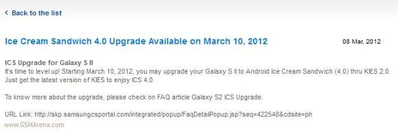 Comunicación oficial de actualización del Galaxy S2 a ICS