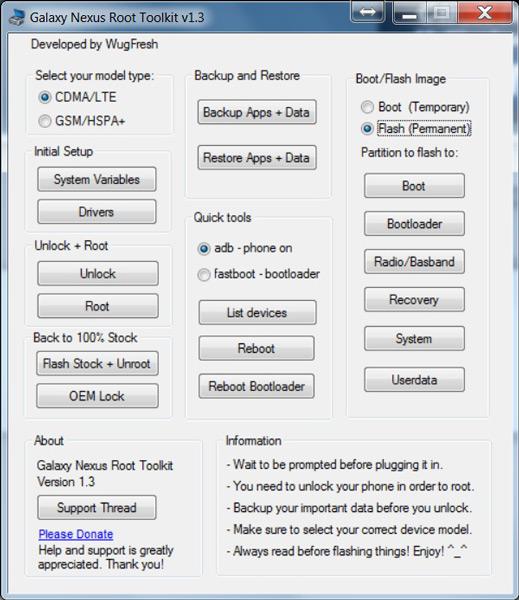 Interfaz de la herramienta de desbloqueo del Galaxy Nexus