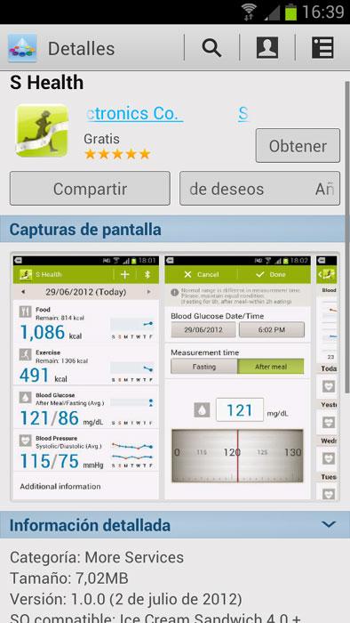 Captura de pantalla de la aplicación S Health para Samsung Galaxy S3