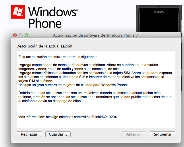 Windows Phone pantalla de actualización