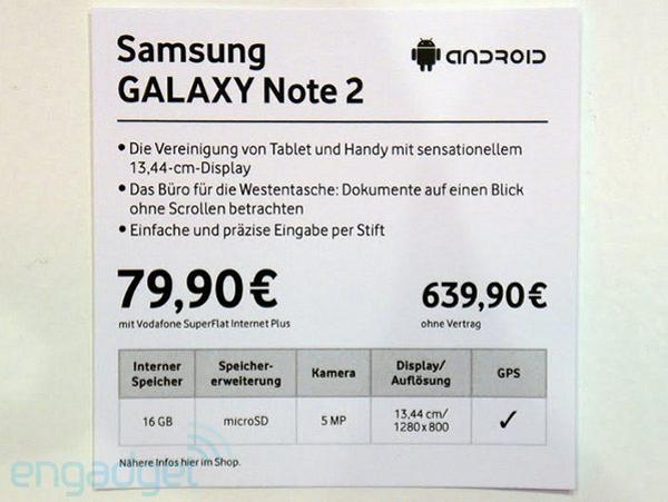 Galaxy Note II precio con Vodafone en Alemania