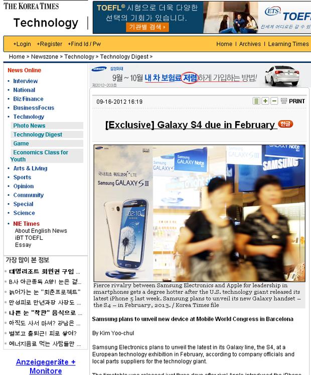 Samsung Galaxy S4 en The Korea Times