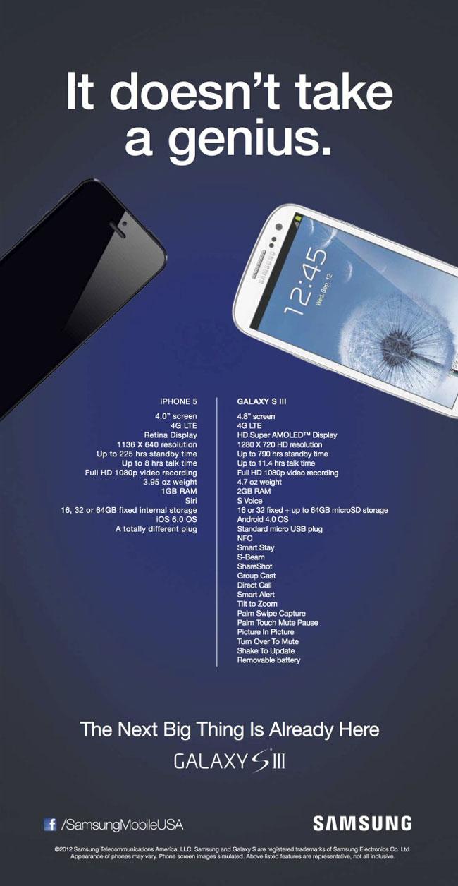 Samsung compara en un anuncio el Galaxy S3 con el iPhone 5