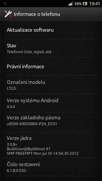 Captura de pantalla de actualización para el Sony Xperia P