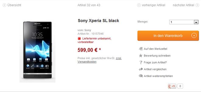 Sony Xperia SL a la venta por 599 euros