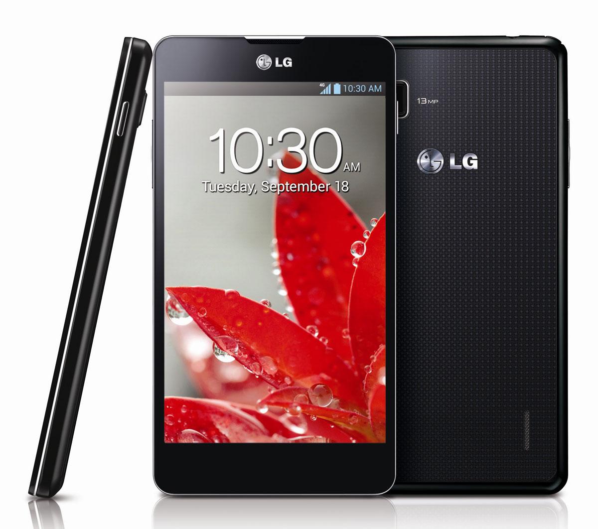 LG Optimus G negro vista frontal, trasera y lateral