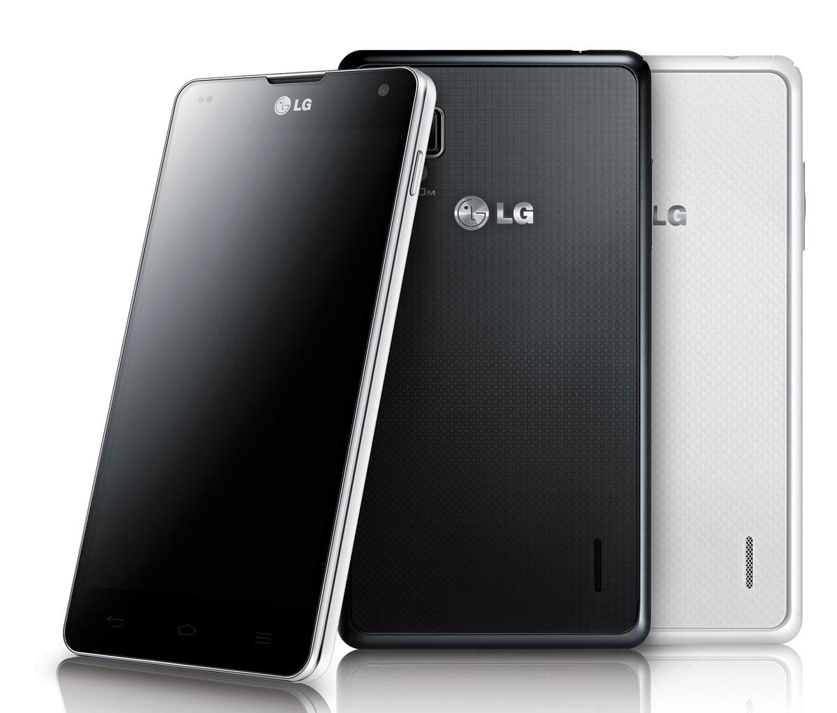 LG Optimus G negro vista frontal, trasera en color blanco