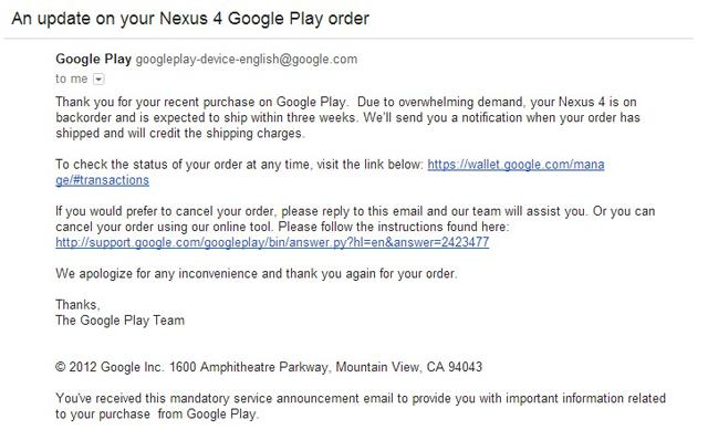 Carta de disculpa de Google, Nexus 4 tres semanas de espera