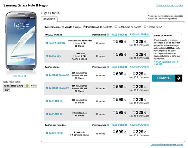 Precios del Samsung Galaxy Note 2 con Yoigo