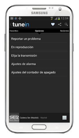 Pantalla de aplicación TuneIN para Android