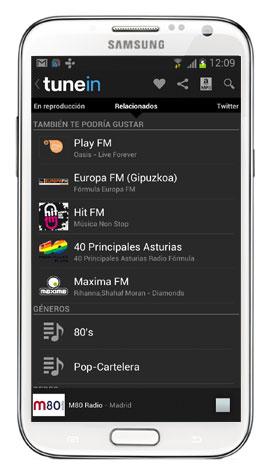 Pantalla de aplicación TuneIN para Android