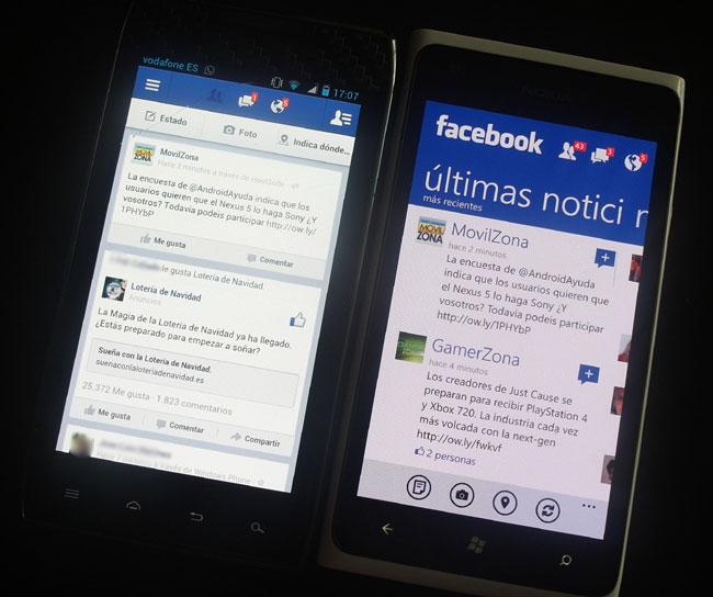 Pantalla de Facebook en Android y en Windows Phone