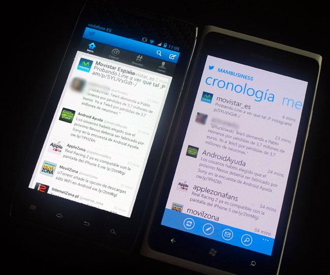 Pantalla de twitter en Android y en Windows Phone