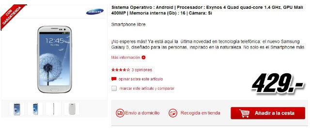 Oferta Samsung Galaxy S3 en la tienda online de MediaMarkt