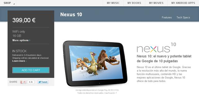 Nexus 10 de 16 GB disponible en la Google Play
